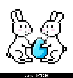 Pixel rabbit pair. Holding blue egg. Cute retro design. Vector art. Stock Vector