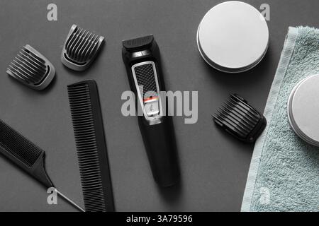 Set of male shaving accessories on black background Stock Photo