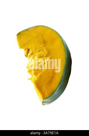 Top view of fresh green Japanese pumpkin slice or piece is isolated on white background with clipping path. Stock Photo