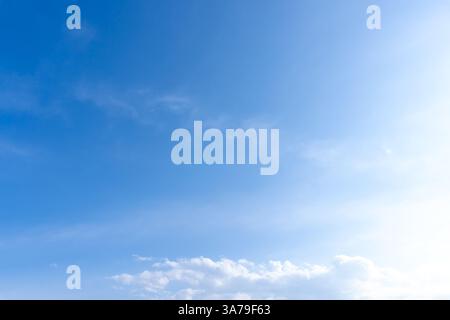 Low angle view and full frame of beautiful blue sky with strange shape of white fluffy of clouds in the morning or afternoon on sunny day Stock Photo