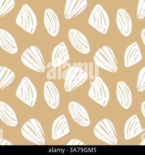 Hand drawn sea shells scallops white yellow sandy seamless pattern in doodle sketchy style on white background. Line art sea shell vector background Stock Vector