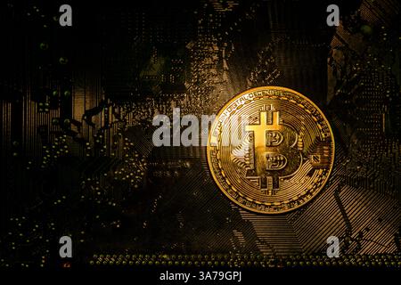 Bitcoin golden coins on a printed circuit board. Bitcoin concept, Blockchain technology, Cryptocurrency, virtual money. Stock Photo