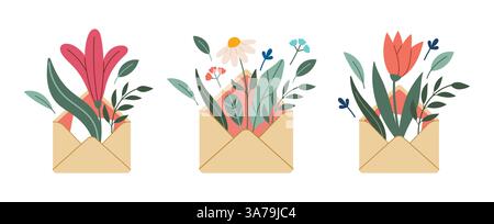 Envelopes with flowers and herbs set. Hello spring concept. Summer Letter. Vector illustration, flat design. Flowers bouquet in envelope. Hand drawn trendy icon. Stock Vector