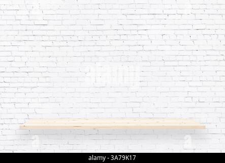 Light wooden shelf with copy space on brick wall background Stock Photo