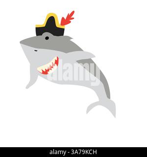 Cartoon pirate shark with hat and feather on white background. Stock Vector