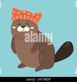 Cute forest animal with orange hat on blue background for children's design. Stock Vector