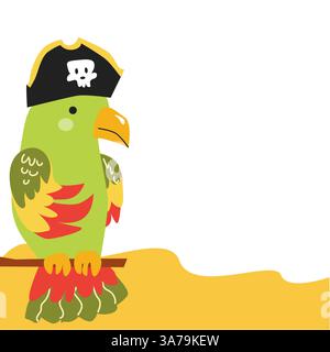 Colorful parrot dressed as pirate with hat and skull on perch. Stock Vector