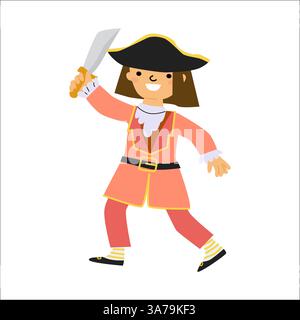 Illustration of young female pirate in costume with sword and hat. Stock Vector