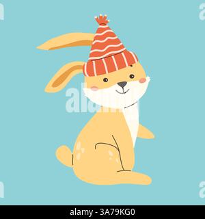 Cute forest animals with rabbit in winter hat illustration. Stock Vector