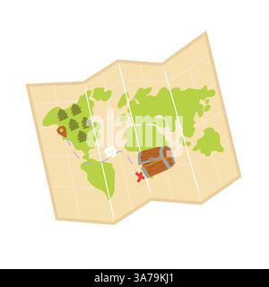 Illustrated treasure map with forests, ocean, and chest on world map. Stock Vector