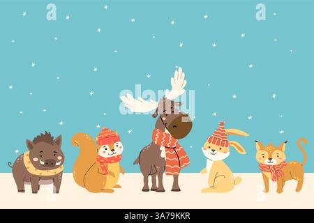 Cute cartoon forest animals in winter attire with snow falling. Stock Vector