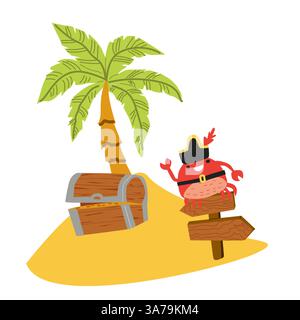 Cheerful pirate crab on tropical island with treasure chest and palm tree. Stock Vector