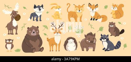Charming collection of cute forest animals on beige background for card or poster design. Stock Vector