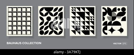 Set of 4 minimal vintage 20s geometric design posters, wall art. Bauhaus retro pattern background, vector abstract circle, triangle and square lineart Stock Vector