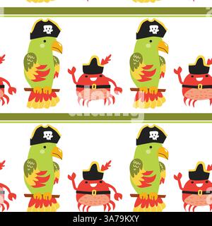 Pirate parrot and crab pattern with pirate hats and skulls. Stock Vector