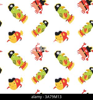 Cute pirate-themed fish and crab pattern on white background. Stock Vector