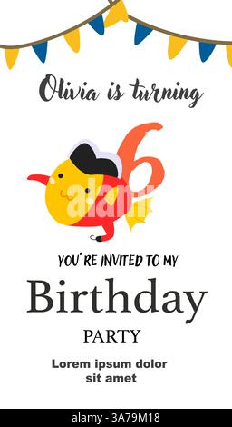 Colorful fish theme birthday invitation for child's 6th celebration. Stock Vector
