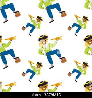 Pattern of young african male pirates with telescope and barrel on white background. Stock Vector