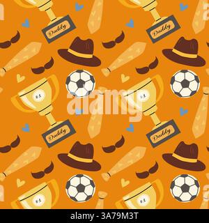 Happy father's day celebration pattern with trophies, hats, and soccer balls for gift wrapping or card design. Stock Vector