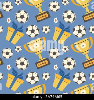 Celebrating father's day with trophies, soccer balls, and gifts pattern. Stock Vector