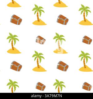 Seamless pattern with palm trees and treasure chests on white background. Stock Vector