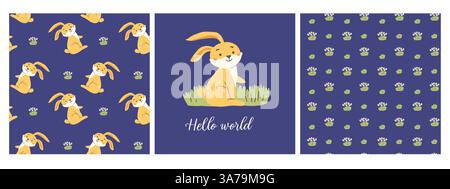 Cute forest animals pattern with playful rabbits for kids' design. Stock Vector