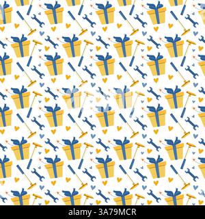 Father's day gift pattern with tools and hearts for celebratory design. Stock Vector