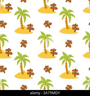 Seamless pattern with cartoon palm trees and wooden signs on desert islands. Stock Vector