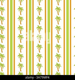 Seamless palm tree pattern with green and orange stripes on white background. Stock Vector