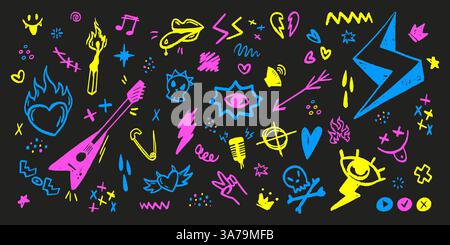 Color punk rock icons set isolated on black background. Vector realistic illustration of hand drawn neon pink, blue, yellow guitar, heart, eye, arrow, microphone, skull signs, grungy banner design Stock Vector
