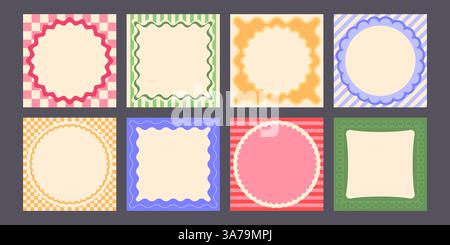 Groovy patterned border frames set - wavy edge, checkered, striped decorative square frame collection. Funky retro style empty labels, tags, backdrops for logo, greeting card or banner design. Stock Vector
