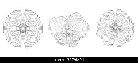 Radial dotted sphere shapes with particle array effect. Geometric circle elements formed with dynamic points and lines. Minimalistic black and white compositions, abstract irregular vector orb. Stock Vector