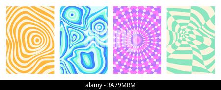 Psychedelic optical illusion wavy patterns - concentric curved lines, geometric shapes in vivid colors. Abstract groovy retro striped backgrounds, trendy 60s hypnotic prints for poster, fabric design. Stock Vector