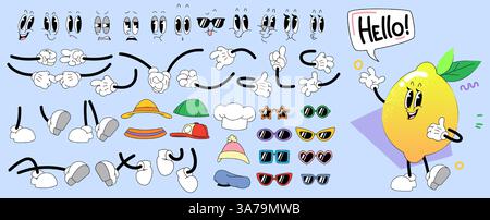 Lemon character creation kit with cartoon hands, legs in shoes, eyes and mouths, hats and sunglasses. Funny vintage sketch constructor elements to build humorous fruit personage facial expressions. Stock Vector