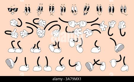 Black and white cartoon gloved hands, shoes and faces with funny eyes in retro style. Expressive gestures, movements of arms and legs for comics character animation. Humorous vintage drawing elements. Stock Vector