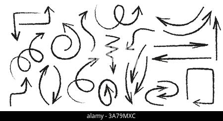 Handdrawn crayon arrows set - various curved, straight, twisted shapes with different thickness and direction. Freehand pointers, map indicators, grunge navigation symbols for ui, sign design. Stock Vector