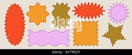 Scallop shape frames set - vintage color wavy edge borders for design projects. Simple abstract vector labels collection with decorative borders and rounded shapes. Geometric flat badge templates. Stock Vector