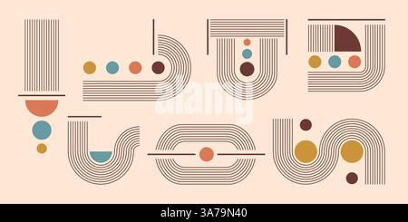 Line arches with color shapes set isolated on beige background. Vector illustration of minimalist geometric icons, concentric stripe patterns with yellow, blue, orange, brown decor, doodle art design Stock Vector