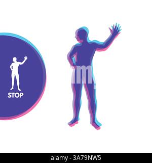 Vector man with hand up to stop. Human showing stop gesture. Silhouette of a standing man. Vector illustration. Stock Vector
