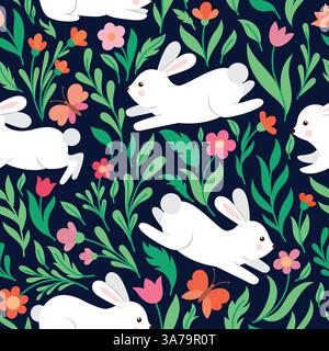Pattern with cute rabbits and flowers Stock Vector