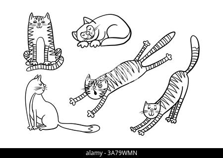 Set of cats for coloring, black and white doodle sketch. Vector illustration Stock Vector