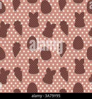 Seamless patterns of the Chocolate waffles, Easter symbols cookies. light pink background for fabric, print, textile, game, wallpaper or more... Stock Vector