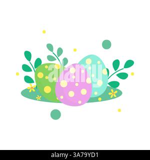 Pastel Easter Eggs with Polka Dots and Green Leaves for Spring Celebration Stock Vector