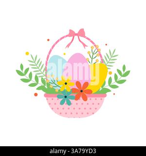Easter Basket with Colorful Eggs Flowers and Greenery Stock Vector