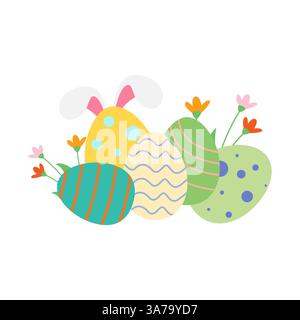 Bright Easter Eggs with Floral Accents and Playful Bunny Ears Stock Vector