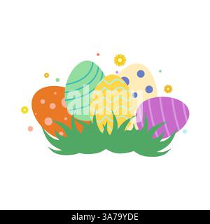 Colorful Easter Eggs with Festive Patterns in Green Grass Stock Vector