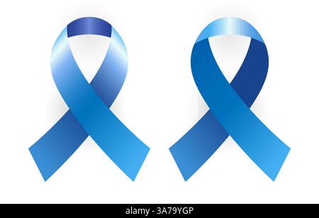 Set of blue ribbons symbols of support and awareness. Cute 3D design. Medical or charity emblem. Creative clip art of textile bow loop. Abstract icon Stock Vector