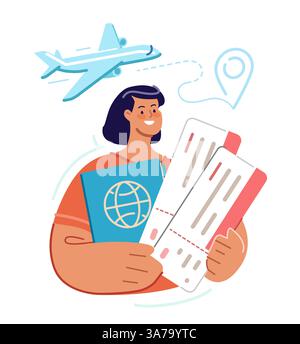 Tourist woman holding passport and boarding pass. Airline ticket for traveling by plane. Travel flat illustration Stock Vector