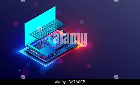 Laptop computer parts repair. Computer hardware technology. Repair, upgrade, maintenance laptop. CPU on motherboard of laptop. Disassembled opened lap Stock Vector