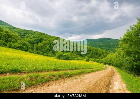 dirt road through forested countryside. deciduous trees. beautiful summer rural landscape in mountains. adventure in nature scenery before the storm. Stock Photo